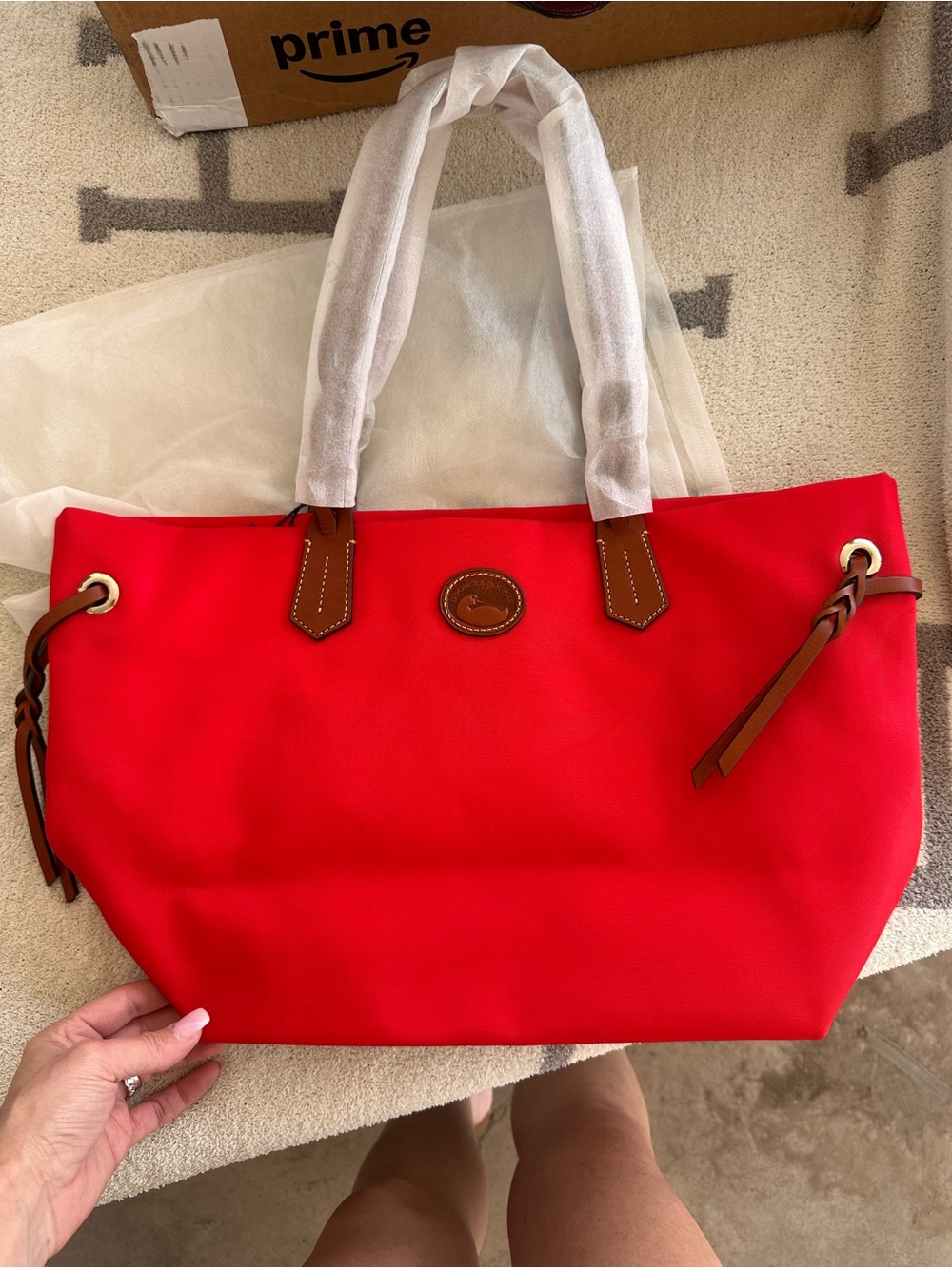 Dooney & Bourke Red Tote with Brown Leather Trim